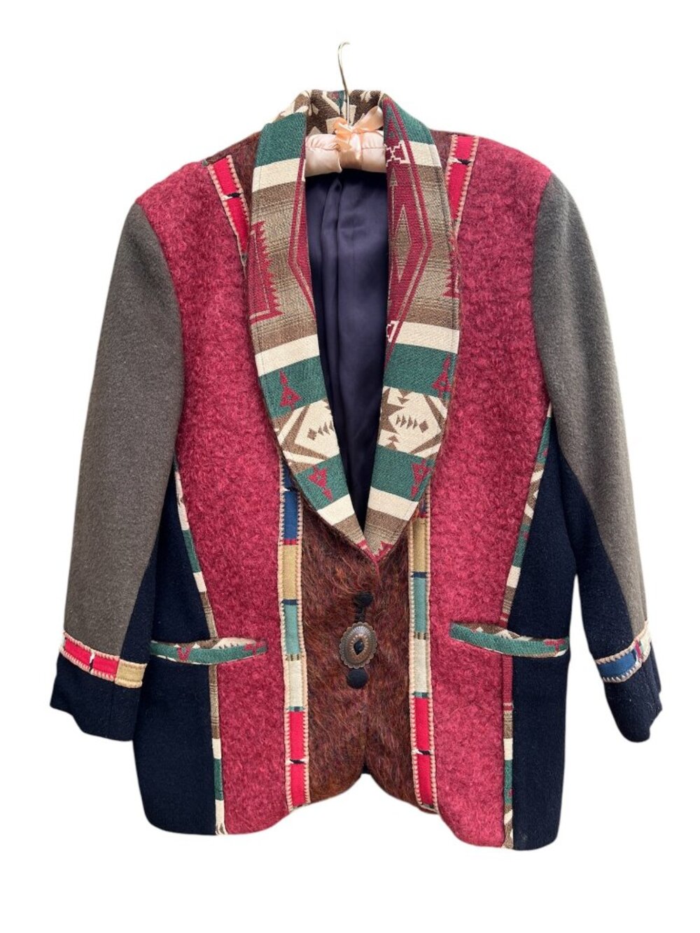 Handmade Y2K Women's XL Southwestern Wool Jacket 2 Snap Closures Copper Concho - Picture 2 of 11
